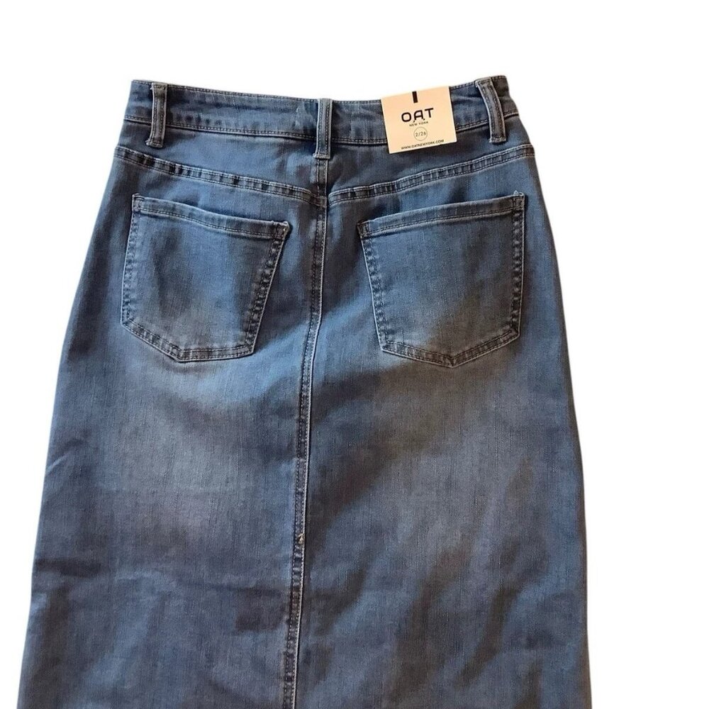 NWT Oat New York Skirt Size 28 Front Slit Midi Jean Blue Denim Womens Size 2/26 - Picture 4 of 8